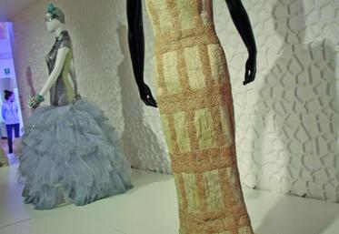 Au premier plan, Baobab Couture: des fibres discontinues ont été extraites d’une écorce de baobab, avant tissage, avec de la soie. 