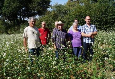 Au premier plan : quelques-uns des agriculteurs investis dans le projet apicole de Cendrecor Agro-Ecologie, avec de gauche à droite : Gérard Bru, Ernest Sorin, Josette Bru et l’éleveur ovin charentais, Vincent Villautreix.