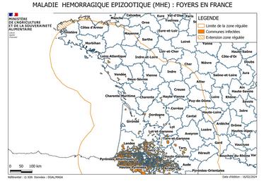 Si la majorité des cas de MHE se situent toujours dans le secteur pyrénéen, quelques détections isolées ont entraîné l'inclusion d'un large arc atlantique dans la zone régulée.