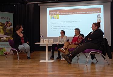 Cette table ronde 100 % féminine, animée par Carole Bégaud (à gauche) a mis en lumière les parcours variés de trois agricultrices (de gauche à droite : Estelle Bénéteaud, Yvette Thomas et Amélie Teixera).