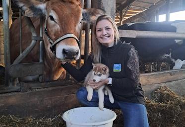 Claire Charron, agent d'assurances dans le sud Deux-Sèvres, pose ici avec Tartine, sa génisse Parthenaise, récemment accueillie sur l'exploitation de ses voisins, et avec un chiot de la dernière portée de huskies de l'élevage canin familial.