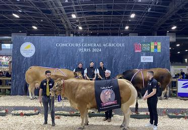Les gagnants des championnats mâle et femelle, Olabelle et Rio, avec la lauréate du trophée Label rouge bouchère, Palombe.