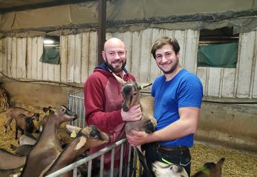 Louis-Malo (à dr.), porteur d'un handicap cognitif, travaille en élevage caprin, chez Olivier Danel (à g.), à Thouars, depuis 2021. Aménager son poste implique la volonté de ses proches, de son employeurs, et de structures telles que Cap Emploi.