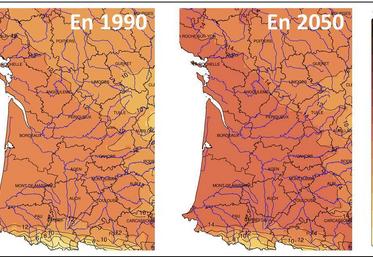 Entre 1990 et 2050, la température moyenne annuelle augmentera d'environ 2 °C en Nouvelle-Aquitaine. 