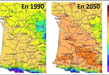 Entre 1990 et 2050 en Nouvelle-Aquitaine, les cultures d'été disposeront
d'environ 400°CJ base 6 de plus pour accomplir leur cycle cultural.
Somme de température base 6 d'avril à octobre. Source : DRIAS. Réalisation : F. Levrault.