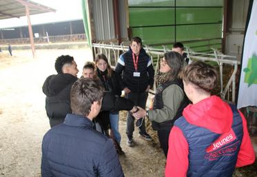 Une partie du forum de l'installation était organisée sous la forme d'un escape game pour passer sur les stands des OPA présents. Ici, Roxane Boisson du Service de remplacement fait piocher les étudiants dans des bottes de l'avoine, du sorgho, des noix, de l'ensilage et de la féverole pour les diriger vers la FNSEA.