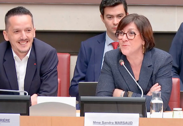 A droite, la députée Sandra Marsaud (Ensemble pour la République) aux côtés du député La France Insoumise Sylvain Carrière, de l'Hérault, lors de la remise de leur rapport sur la mission d'information sur les stratégies de marché de la filière vitivinicole.