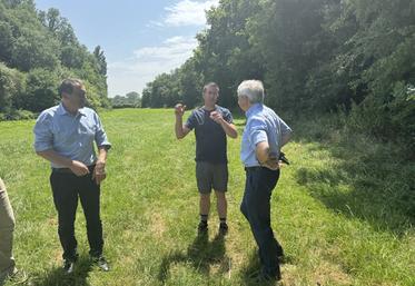 Guy Moreau, président de Bio Nouvelle-Aquitaine ; Baptiste Lanternat de la Ferme des Templiers et Étienne Guyot, préfet de la région Nouvelle-Aquitaine.
