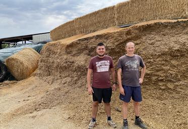 Antonin Goulard (à gauche) et Laurent Tardy (à droite, Gaec des Maisons neuves) ont contractualisé une solution pour que chacun retrouve ses billes : en face de l'ensilage maïs fourni par le premier, le Gaec laitier s'engage à conduire le chantier et à fournir de la MO au céréalier.
