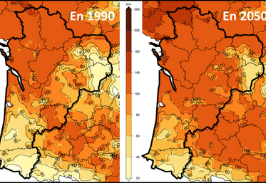 En Nouvelle-Aquitaine, le nombre de jours en sol sec de mars à octobre devrait augmenter d'une vingtaine entre 1990 (à gauche) et 2050 (à droite).