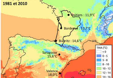 En Nouvelle-Aquitaine, la température se distribue géographiquement suivant un gradient NE/SO.