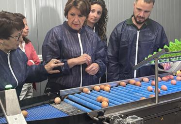 Annie Genevard, ici aux côtés de Jérôme Bourdeau et sa compagne, mais aussi de Christiane Lambert, a visité l'exploitation : depuis le poulailler jusqu'à la chaîne de tri des œufs.