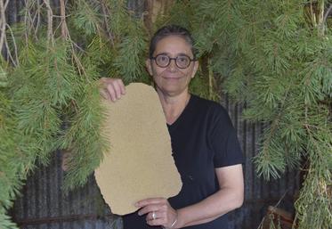 Entourée de branches de pin sylvestre en cours de séchage, Emmanuelle Boyer présente un papier réalisé à partir de cette plante, qui en fumigation sert d'antiseptique et de tonifiant.