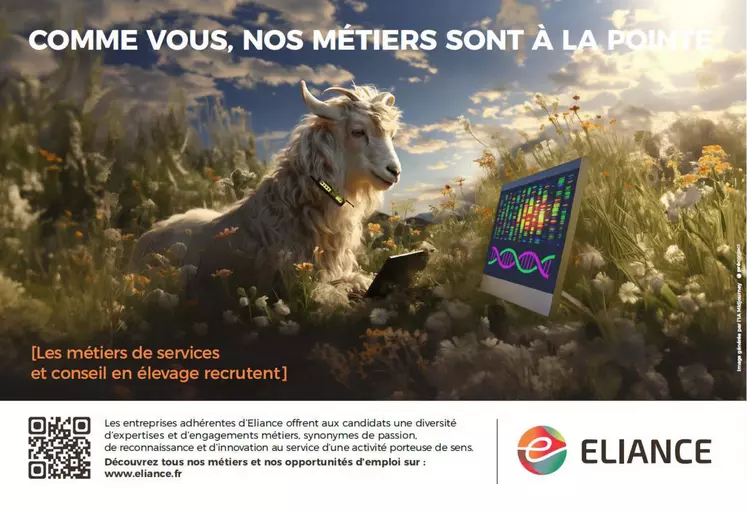 Publicité d'Eliance avec une chèvre regardant un génome sur un écran d'ordinateur.
