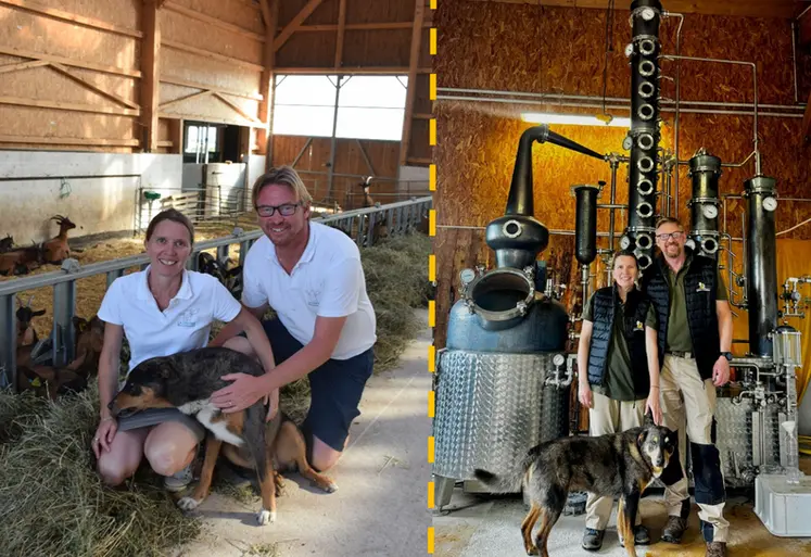 <em class="placeholder">Nathalie et Cédric Carpentier avant avec les chèvres puis après devant l&#039;alambic</em>