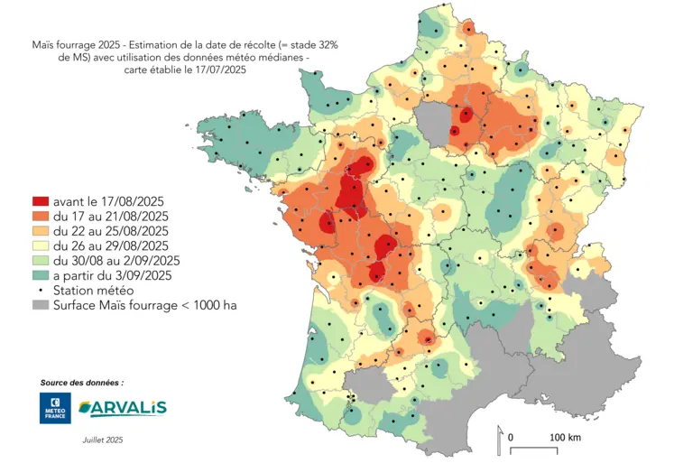 Carte d'estimation de la date de récolte pour le maïs fourrage en 2025