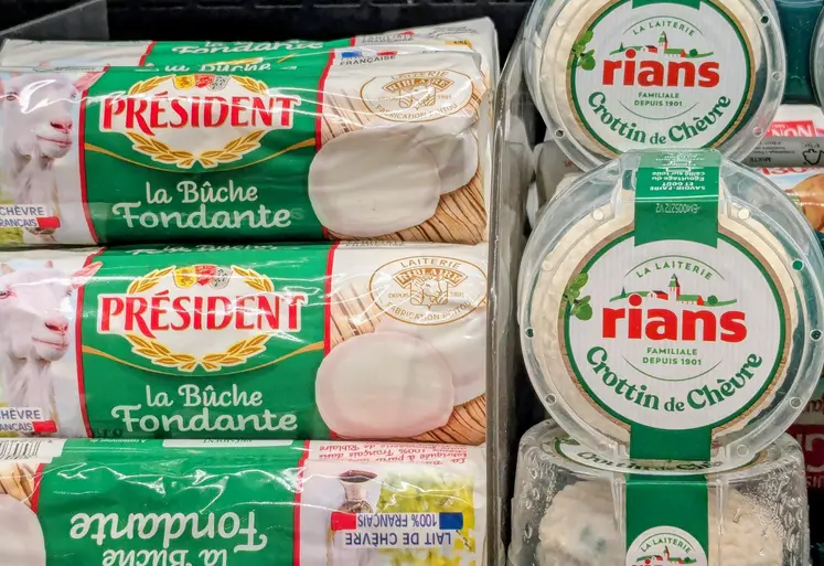 Bûchette Président et crottin Rians dans un rayon de supermarché