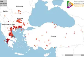 Localisation des foyers de clavelée en Grèce, Bulgarie, Macédoine du Nord, Roumanie, Serbie et Turquie depuis juillet 2025