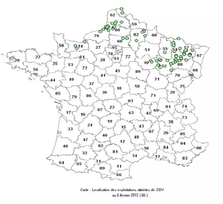 La localisation des cas de Schmallenberg en France au 6 février 2012