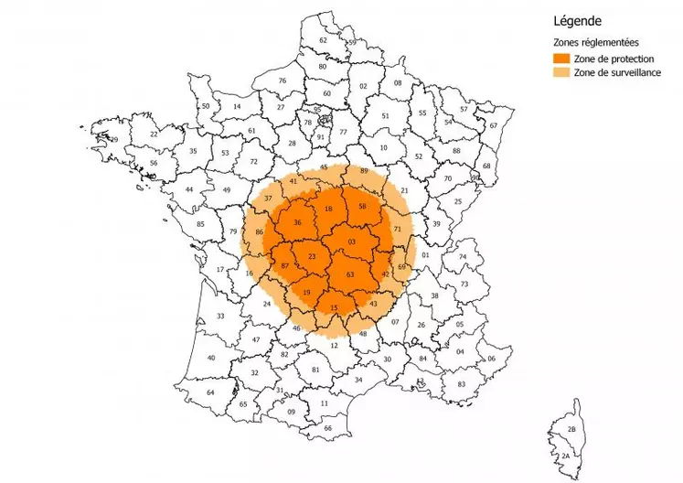 Les zones réglementées au 17 septembre. Les zones d'interdictions sont définis par des arrêtés préfectoraux.