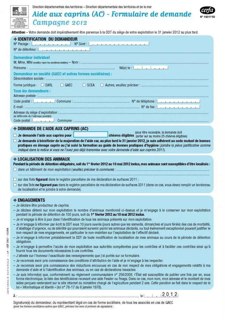 Le formulaire de demande pour l'aide caprine 2012