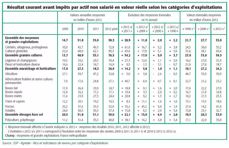 Indicateurs de revenu par catégorie d’exploitations.