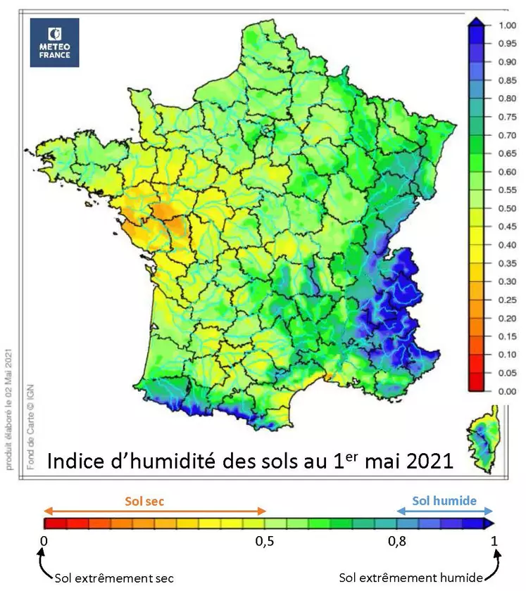 Alors qu’ils étaient proches de la normale à la sortie de l’hiver, les sols se sont globalement asséchés, sauf en montagne, et de façon plus marquée au sud des Pays de la Loire et dans les Deux-Sèvres.