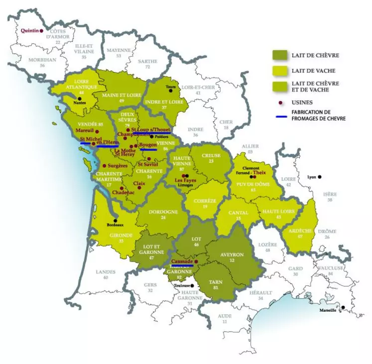 130 millions de litres de lait de chèvre sont collectées chaque année par Terra Lacta sur 14 départements. Les fromages de chèvre sont fabriqués à Bougon (79), Saint-Loup-sur-Thouet (79), Saint Michel en l'Herm (85) et Caussade (82).