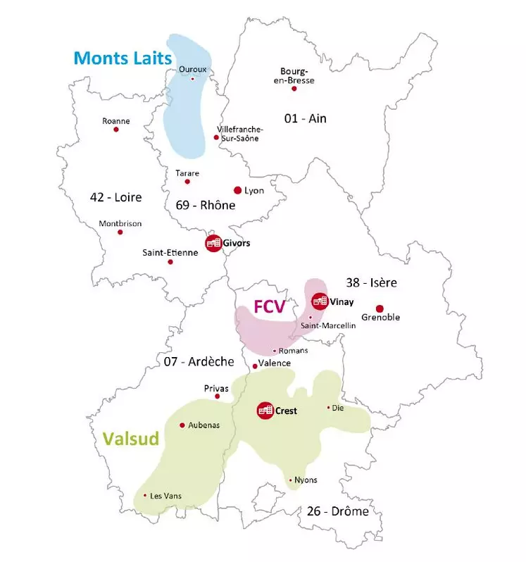 La zone de collecte de Valcrest couvre principalement la région Rhône-Alpes.