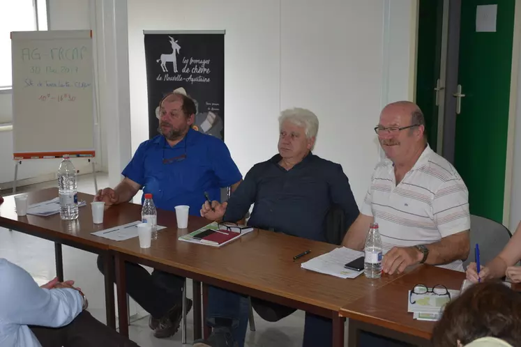Franck Moreau, Jacky Salingardes et François Bonnet ont échangé avec la trentaine d’éleveurs présents à l’assemblée générale des chevriers de Nouvelle-Aquitaine et Vendée. © D. Hardy