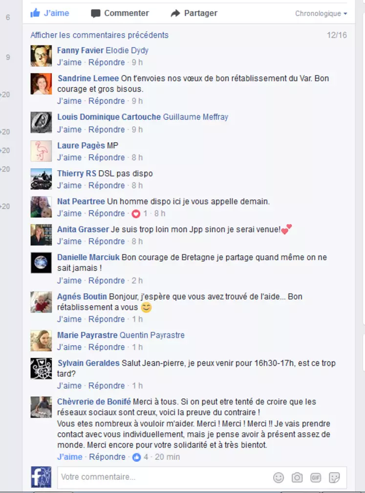 Les réactions et les partages ont été nombreux suite au message SOS de Jean-Pierre. plus de 500 partages et 40 000 vues ! © Facebook