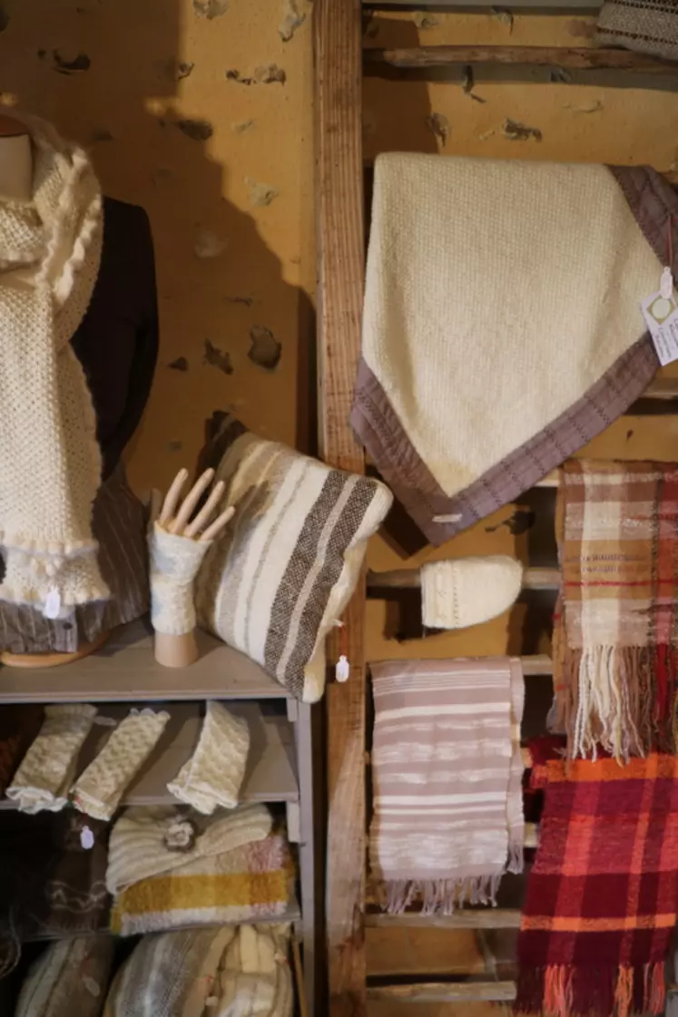 Écharpes, bonnets, plaids ou encore les fameuses mitaines: les essais de tricot se poursuivent à la ferme de l'Aritoire. © B. Morel