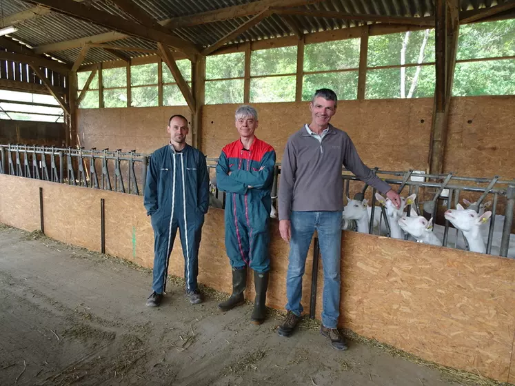 Cyprien Jullian, Guido Bruni et Eric Barnier, dans le bâtiment d'élevage de la ferme Saint-Alban. Ces derniers ont récemment fait un point quant au taux de fécondation des chèvres. © A. Tournier