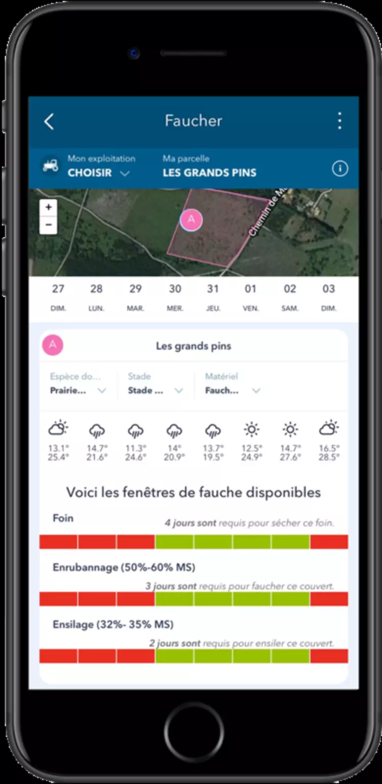 L’APPLICATION « FAUCHER » utilise les prévisions météorologiques pour indiquer les opportunités de récolte.