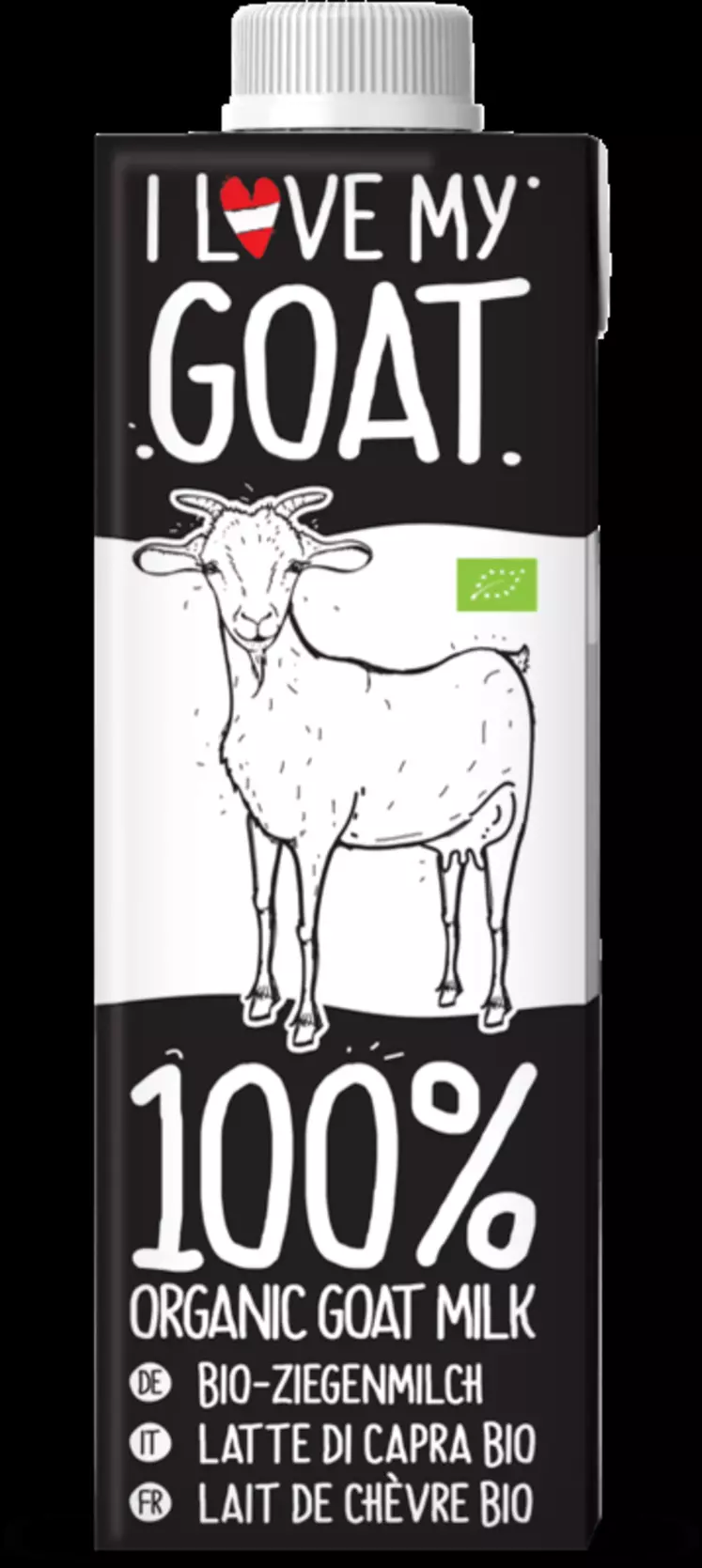 L’autrichien Leeb Biomilch propose son lait de chèvre biologique I love my goat dans une brique de 75 cl sympa avec son design noir et blanc. © DR