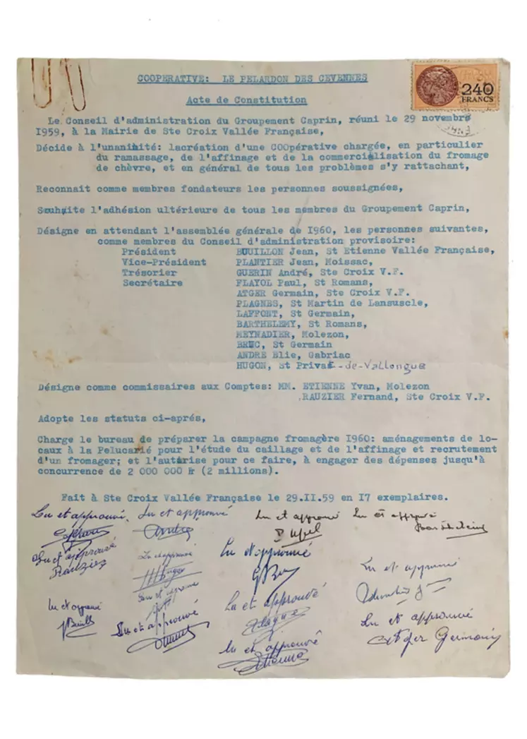 L'acte de constitution de la coopérative, daté du 29 novembre 1959. © DR