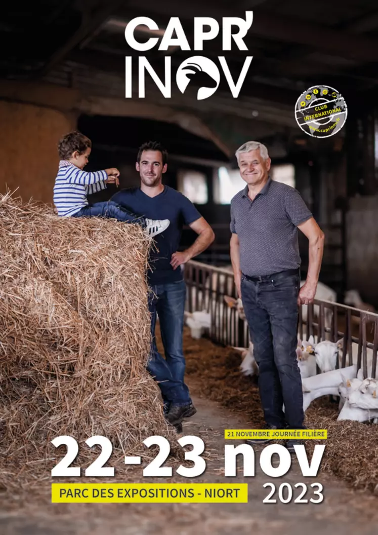 Trois générations sont présentes sur l'affiche de l'édition 2023 de Capr'Inov, illustrant le thème de la transmission et de l'attractivité des métiers de la filière caprine.