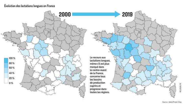 Part d'élevages avec plus de 10% de période productive en lactation longue. Le recours aux lactations longues, même s’il est plus marqué dans le centre-ouest de la France, concerne tous les bassins de production caprins et progresse dans toutes les régions.