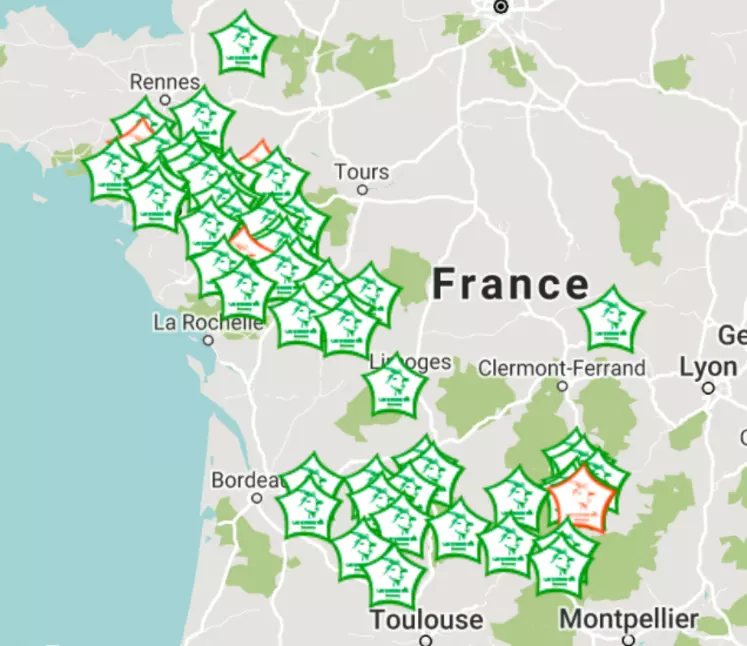 La carte de France des producteurs de l'ancien Chèvres Bio France montre l'étendue de la zone de collecte. © CBF