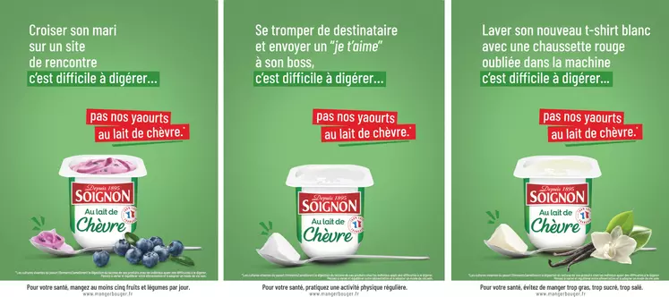 Trois affiches de pubs pour les yaourts au lait de chèvre Soignon
