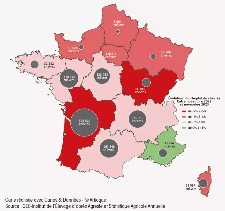 Répartition régionale du cheptel français de chèvres au 1er novembre 2023 et évolution par rapport à 2022