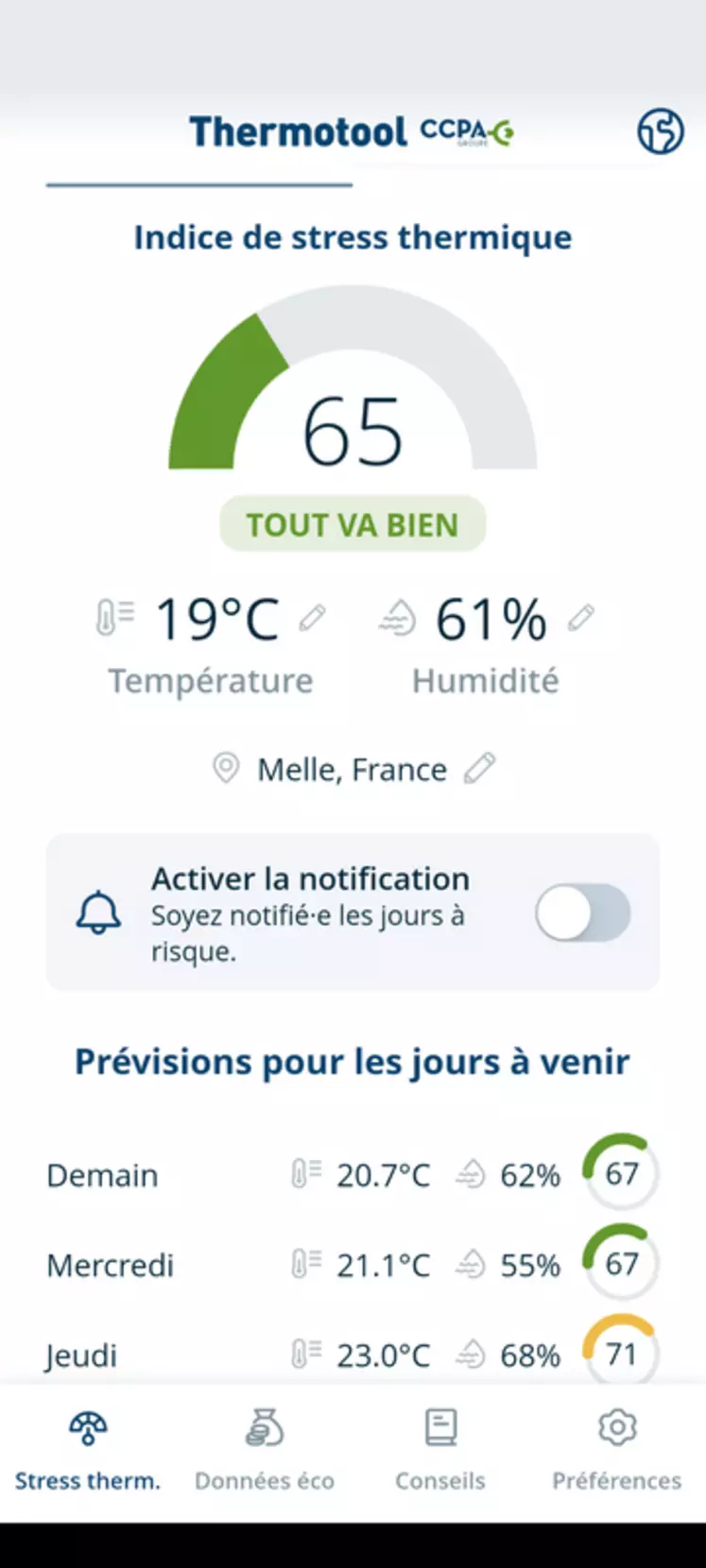 Capture d'écran de l'application ThermoTool