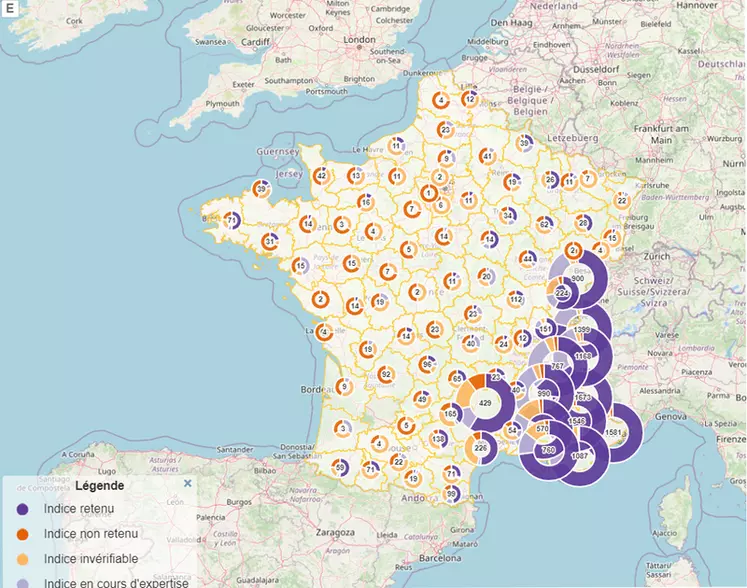 Carte des indices de présence récoltés par le réseau loup-lynx