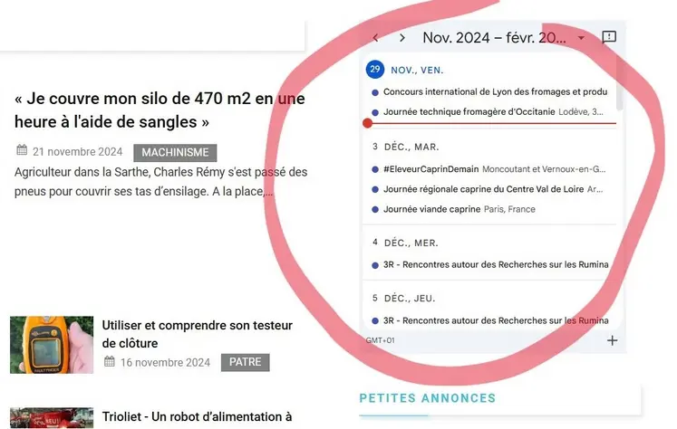 Copie d'écran du site reussir.fr et de son agenda