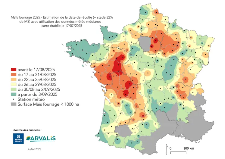Carte d'estimation de la date de récolte pour le maïs fourrage en 2025