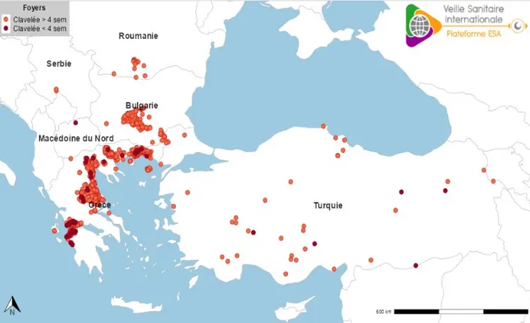 Localisation des foyers de clavelée en Grèce, Bulgarie, Macédoine du Nord, Roumanie, Serbie et Turquie depuis juillet 2025