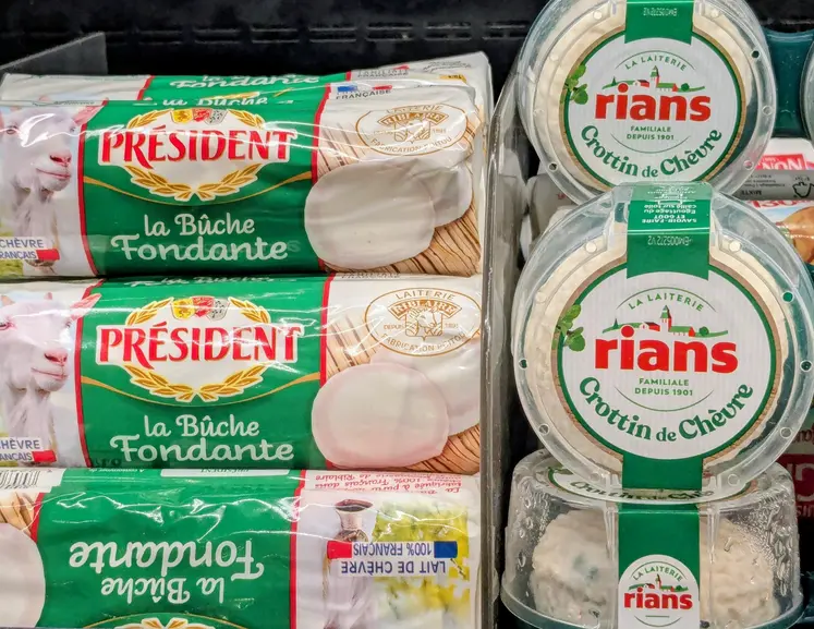 Bûchette Président et crottin Rians dans un rayon de supermarché