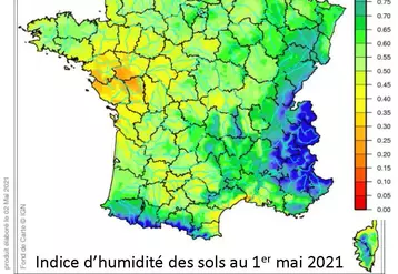 Alors qu’ils étaient proches de la normale à la sortie de l’hiver, les sols se sont globalement asséchés, sauf en montagne, et de façon plus marquée au sud des Pays de la Loire et dans les Deux-Sèvres.