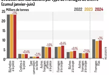 Evolution des fabrications par type de fromages de chèvre (cumul janvier-juin)
