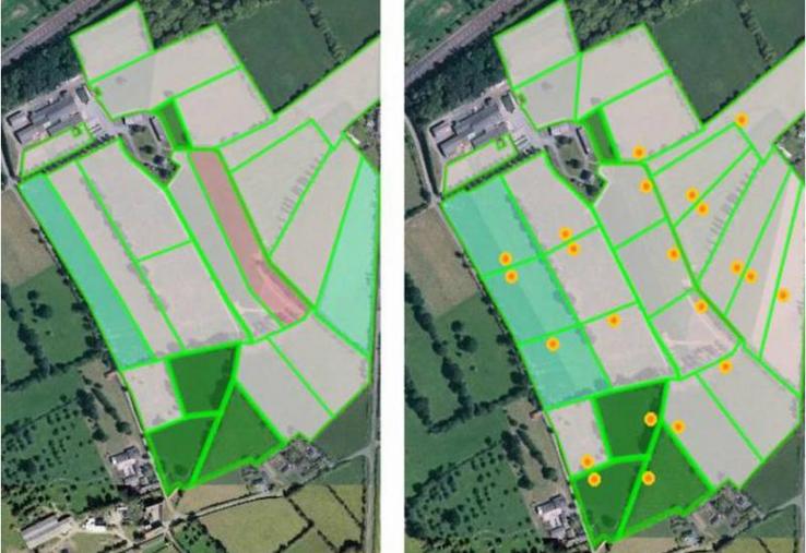 A gauche, découpage du parcellaire de pâturage en place
depuis 2017. A droite, nouveau découpage parcellaire (en vert) et réseau d'eau (en orange).
